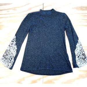 Altar’d State Lace Bell Sleeve Mock Neck Knit Top XS Gray Romantic Cottage